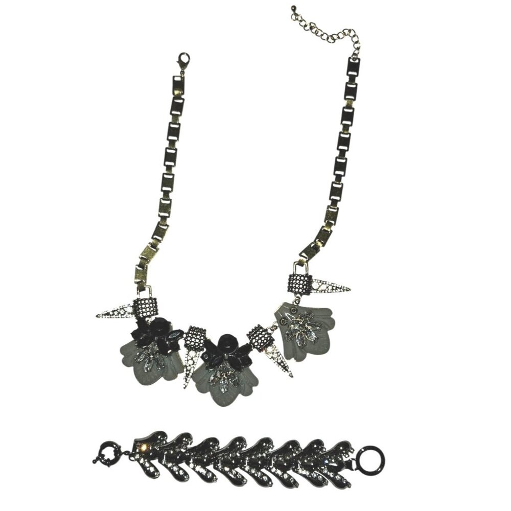 VINTAGE Statement Necklace & Bracelet Jewelry Set With Rhinestone 80s Punk